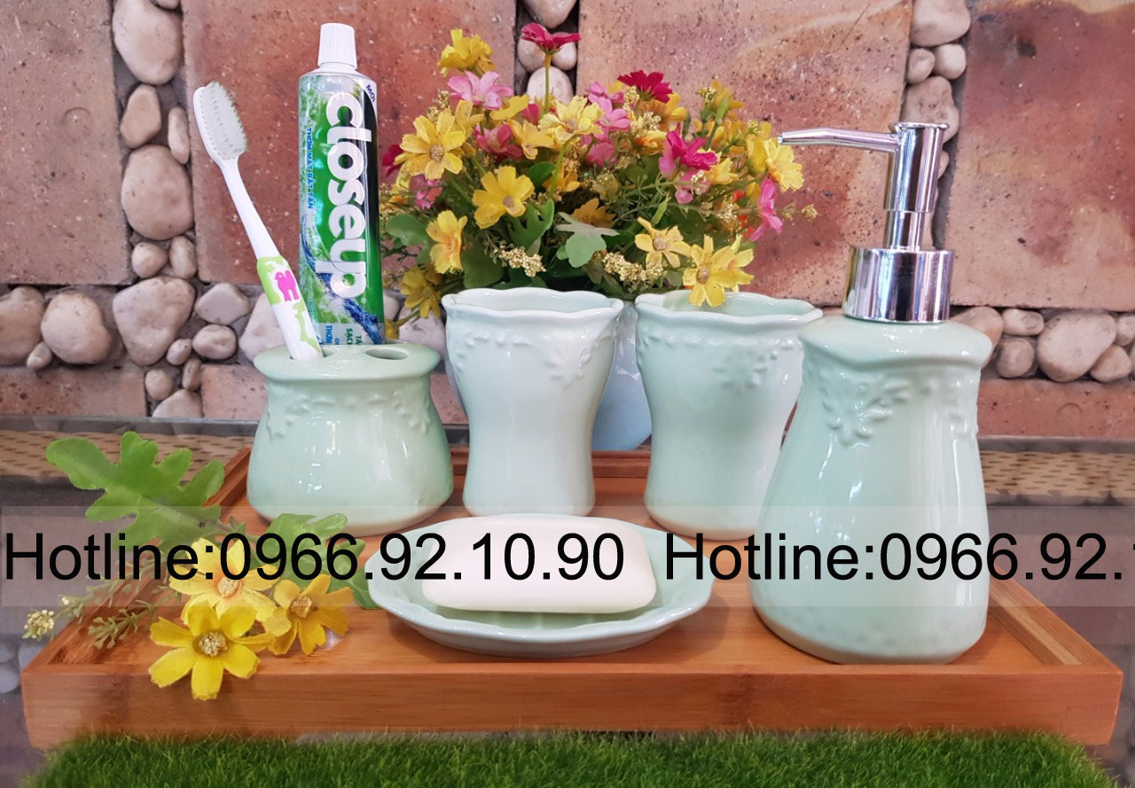 Phụ kiện nhà tắm gốm sứ xanh ngọc 5 món tinh tế sang trọng 