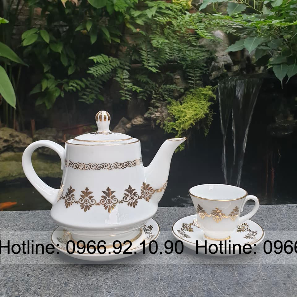 Bộ ấm chén Bát Tràng hoa thị vẽ vàng sang trọng Gốm sứ cao cấp