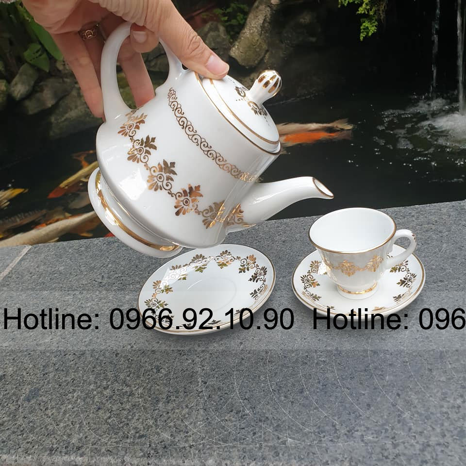 Bộ ấm chén Bát Tràng hoa thị vẽ vàng sang trọng Gốm sứ cao cấp