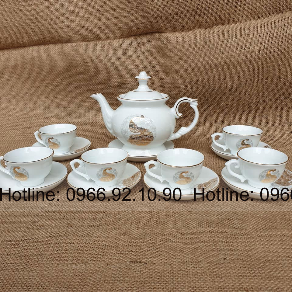 Ấm chén phú quý men trắng chim công Bát Tràng sang trọng quà tặng cao cấp 