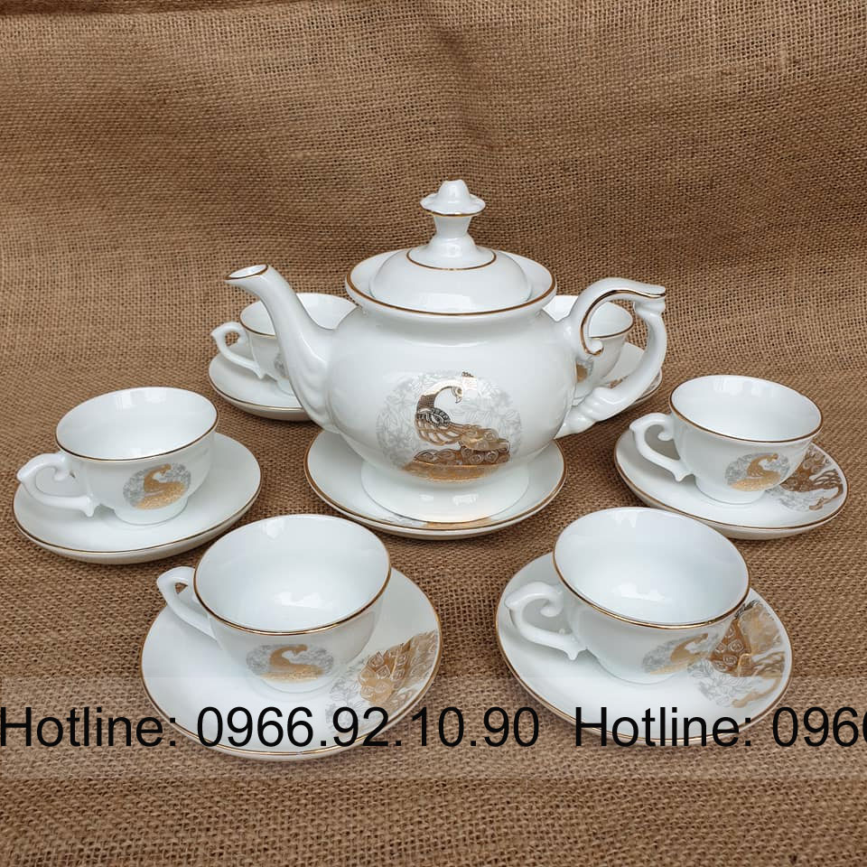 Ấm chén phú quý men trắng chim công Bát Tràng sang trọng quà tặng cao cấp