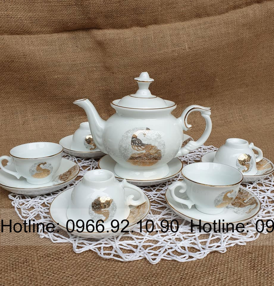 Ấm chén phú quý men trắng chim công Bát Tràng sang trọng quà tặng cao cấp