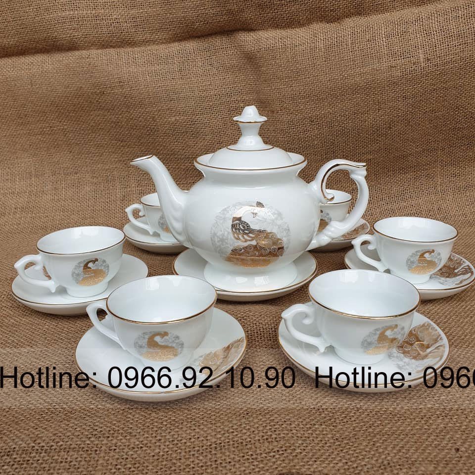Ấm chén phú quý men trắng chim công Bát Tràng sang trọng quà tặng cao cấp
