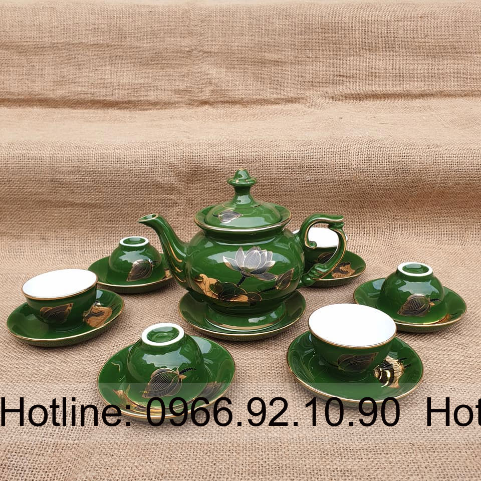 Bộ ấm chén men xanh lục bảo hoa sen sang trọng Bát Tràng Bộ ấm chén men xanh lục bảo hoa sen sang trọng Bát Tràng