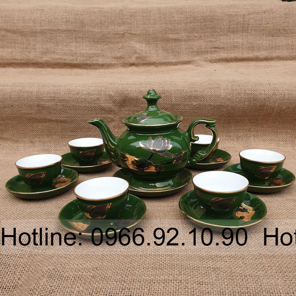 Bộ ấm chén men xanh lục bảo hoa sen sang trọng Bát Tràng Bộ ấm chén men xanh lục bảo hoa sen sang trọng Bát Tràng