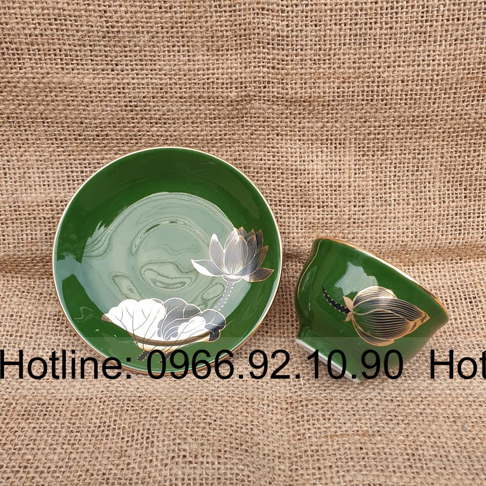 Bộ ấm chén men xanh lục bảo hoa sen sang trọng Bát Tràng