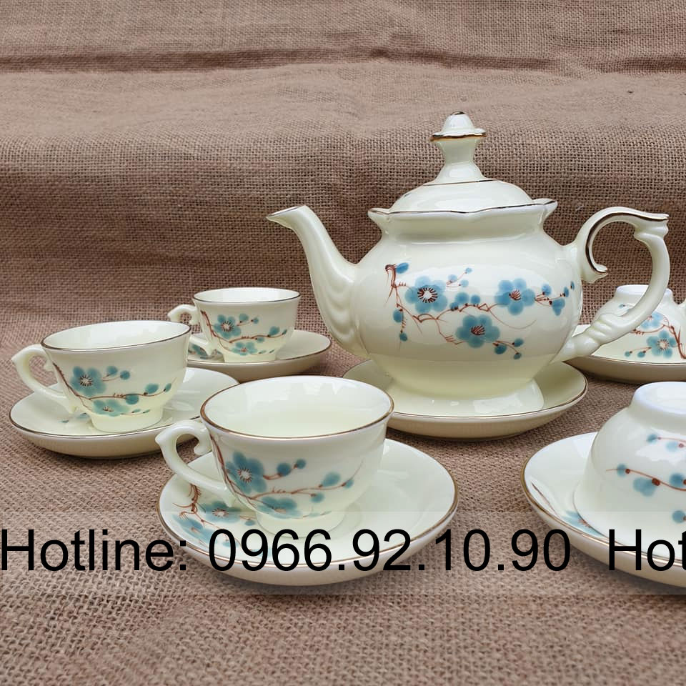 Bộ ấm chén phú quý hoa đào viền kim sang trọng cao cấp tặng quà 