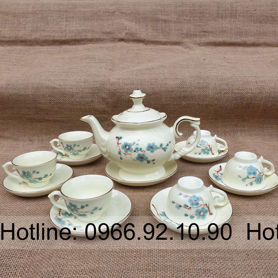 Bộ ấm chén phú quý hoa đào viền kim sang trọng cao cấp tặng quà