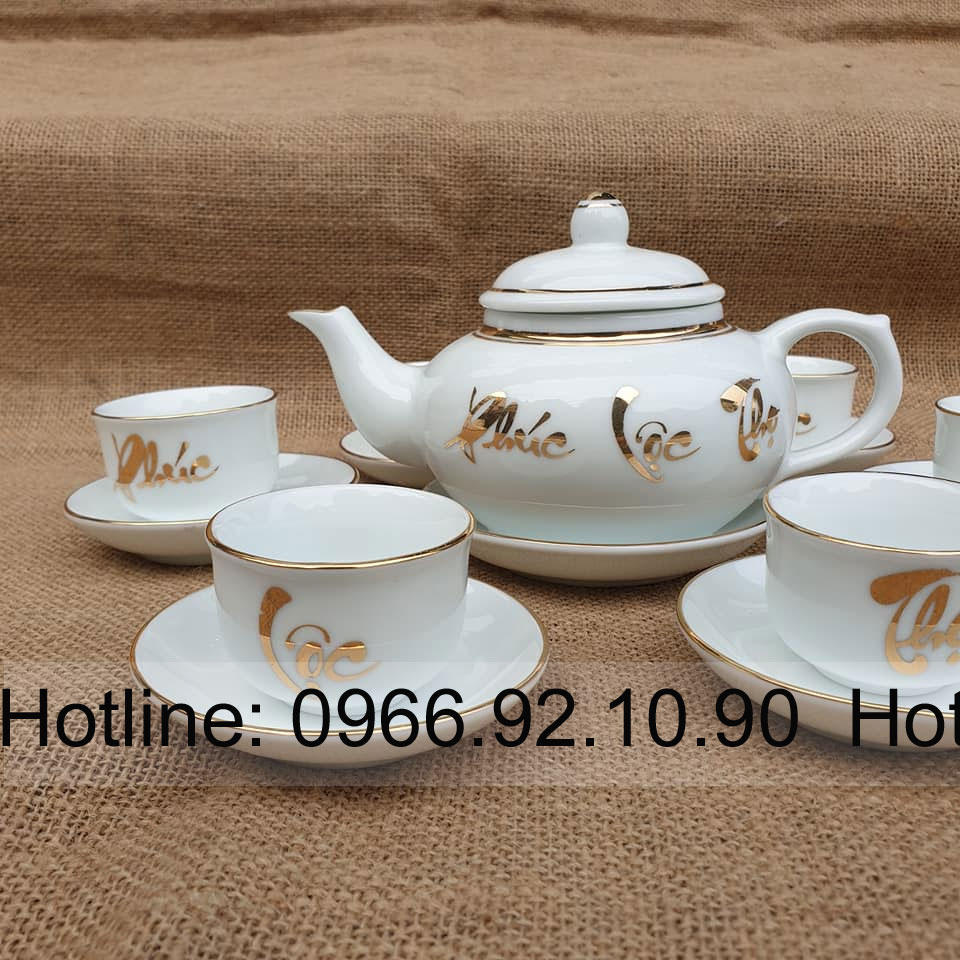 Bộ ấm chén quả hồng trắng Phúc Lộc Thọ sang trọng quà tặng ý nghĩa 