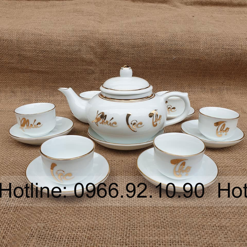 Bộ ấm chén quả hồng trắng Phúc Lộc Thọ sang trọng quà tặng ý nghĩa
