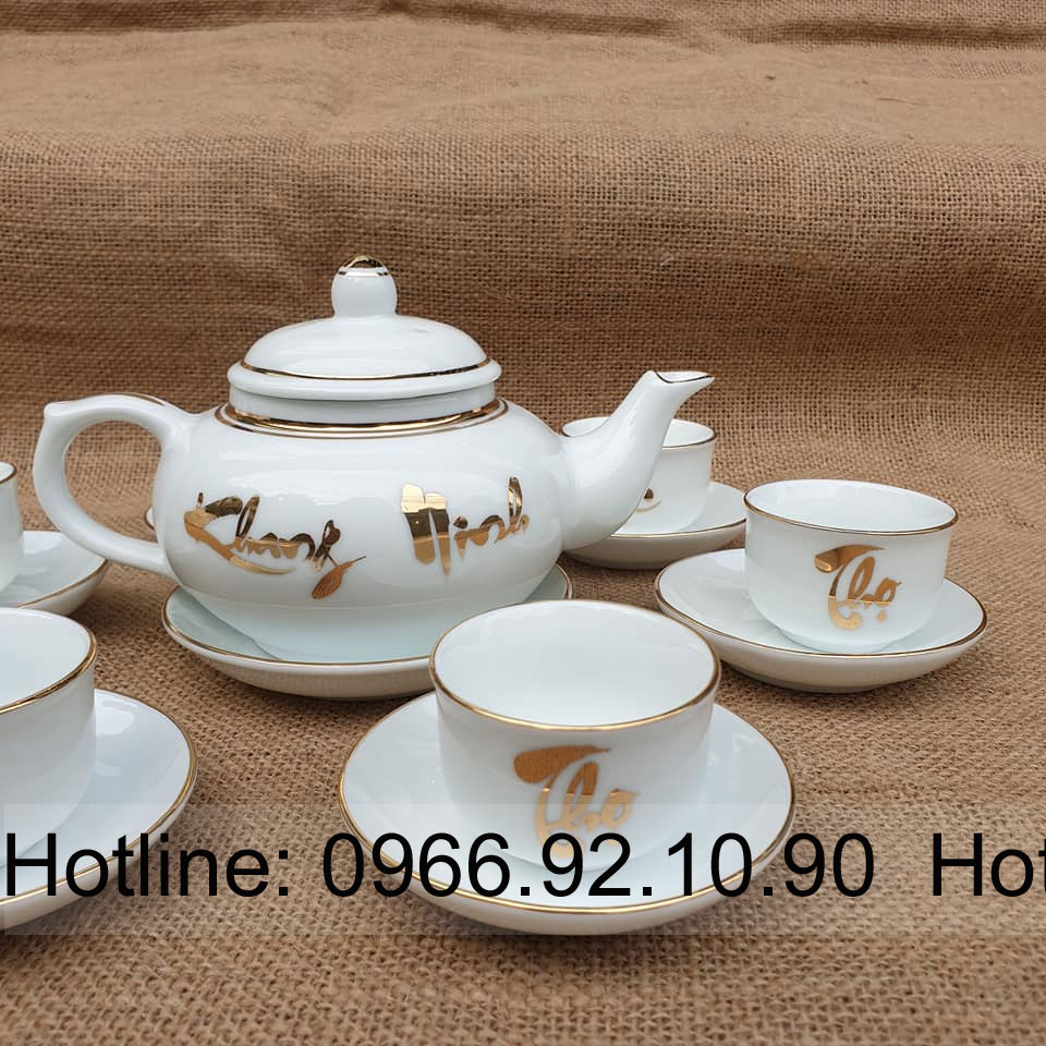 Bộ ấm chén quả hồng trắng Phúc Lộc Thọ sang trọng quà tặng ý nghĩa