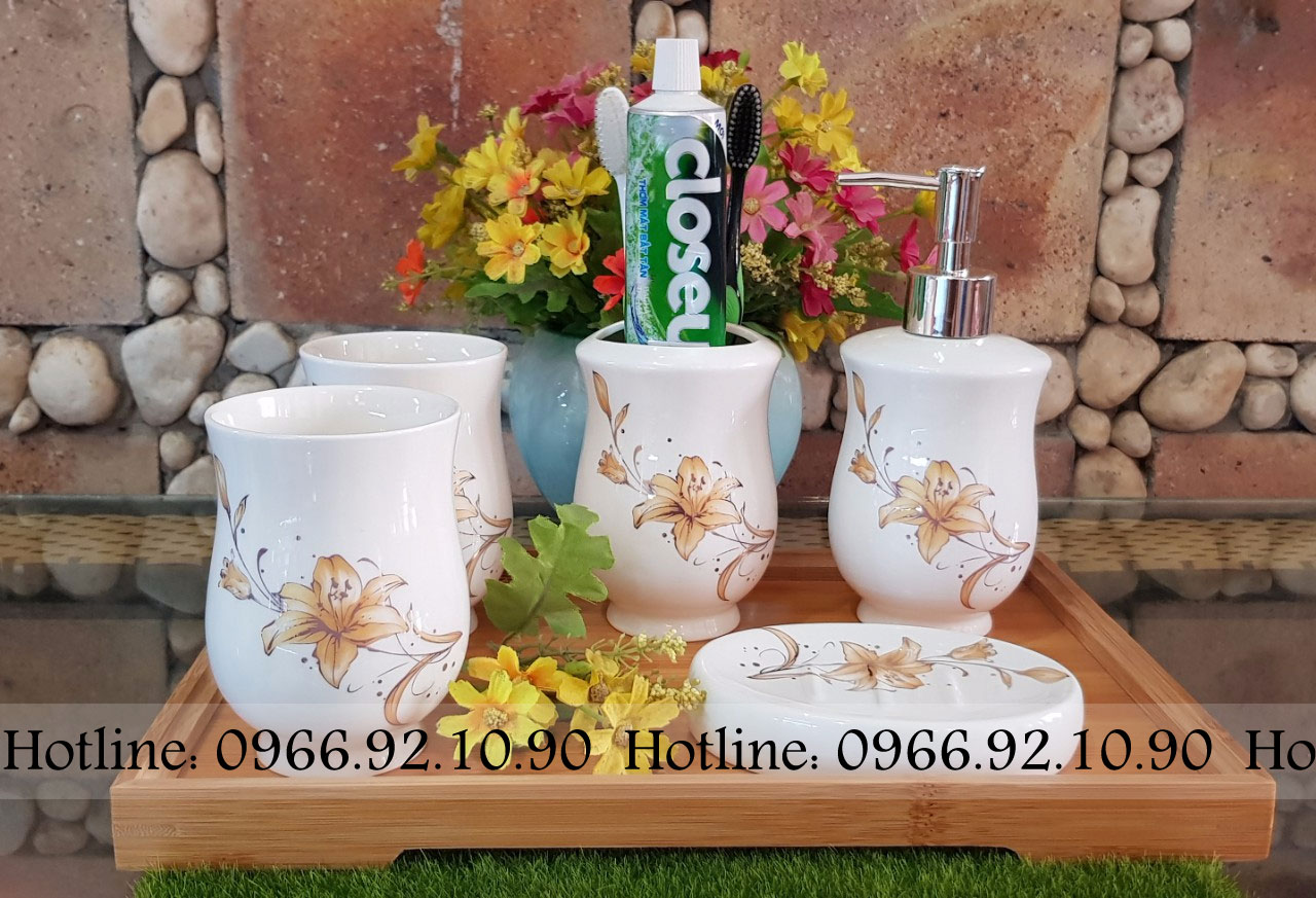 Bộ phụ kiện nhà tắm gốm sứ 5 món đẹp bền họa tiết sang trọng
