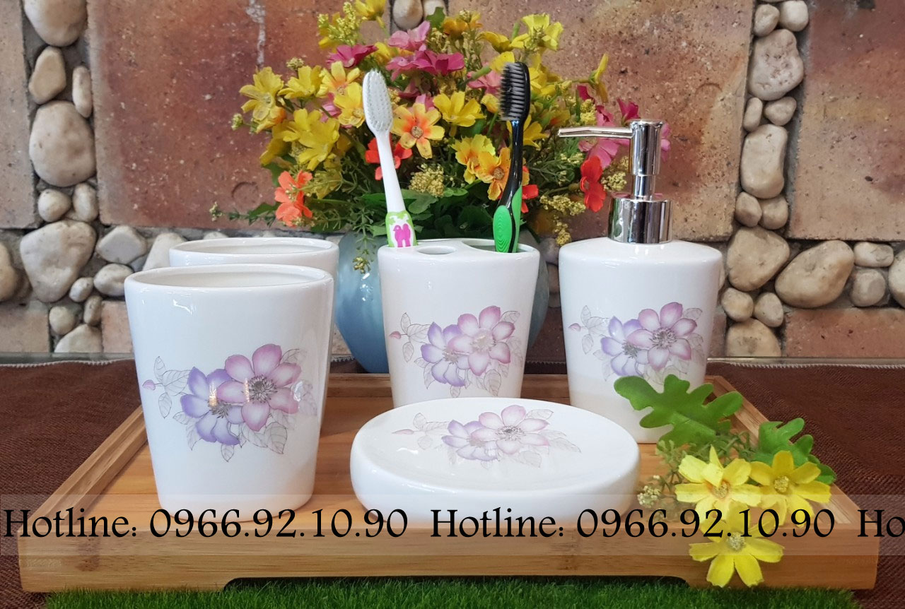Bộ phụ kiện nhà tắm gốm sứ 5 món đẹp bền họa tiết sang trọng