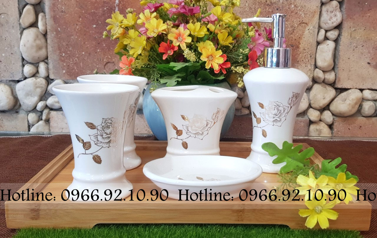 Bộ phụ kiện nhà tắm gốm sứ 5 món đẹp bền họa tiết sang trọng