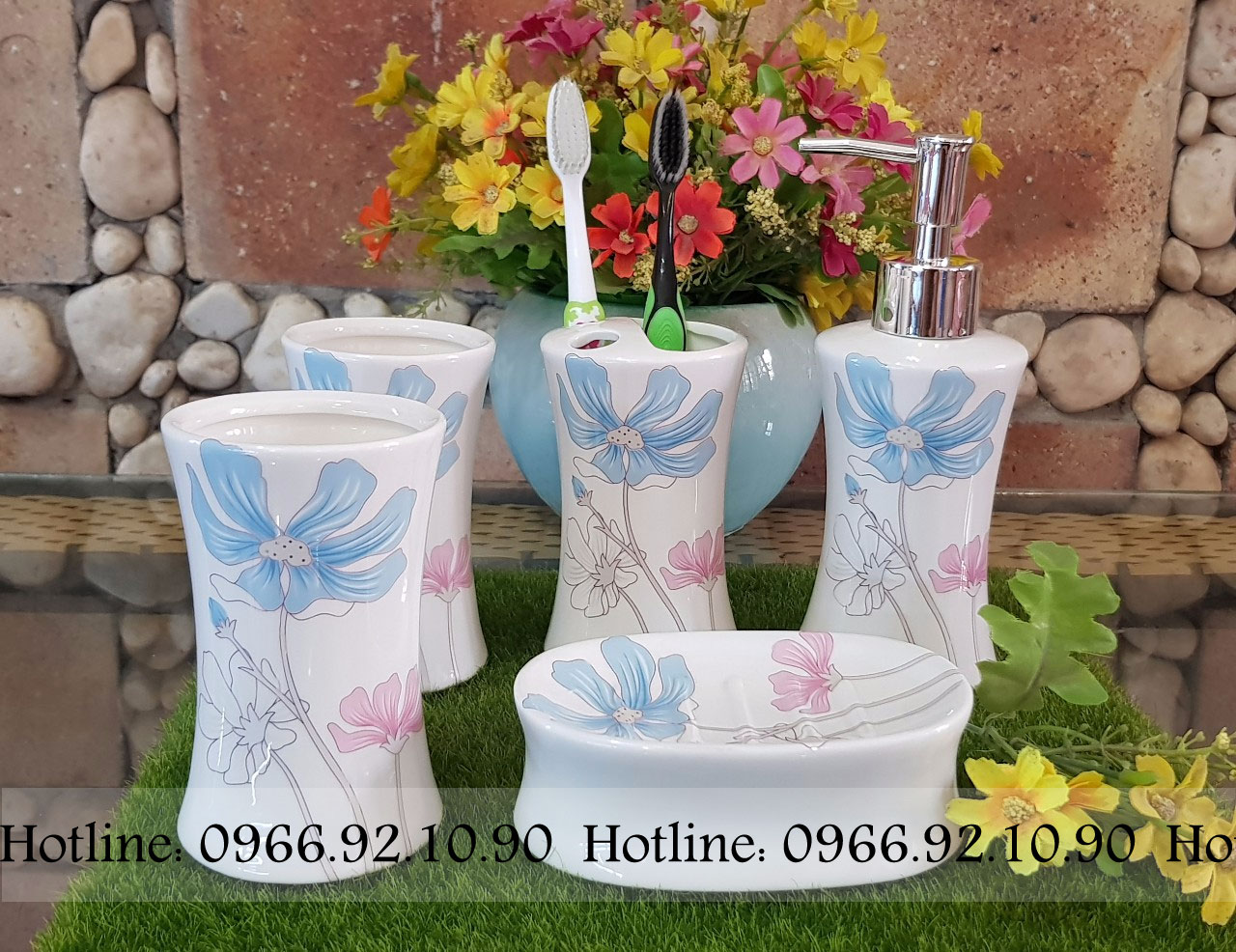 Bộ phụ kiện nhà tắm gốm sứ 5 món đẹp bền họa tiết sang trọng