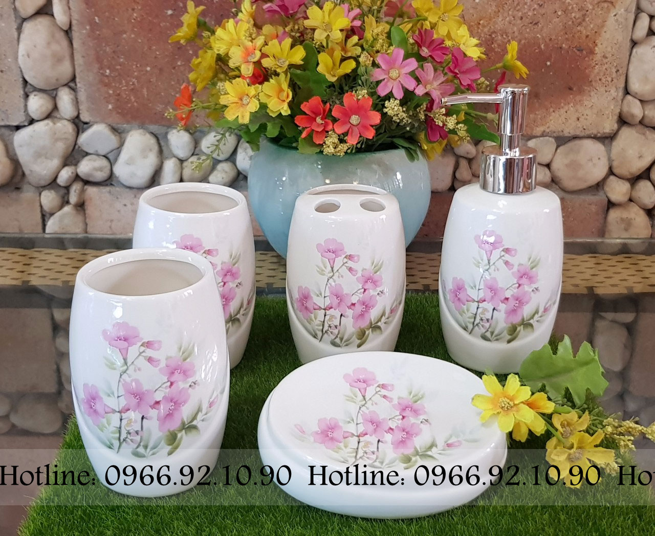 Bộ phụ kiện nhà tắm gốm sứ 5 món đẹp bền họa tiết sang trọng