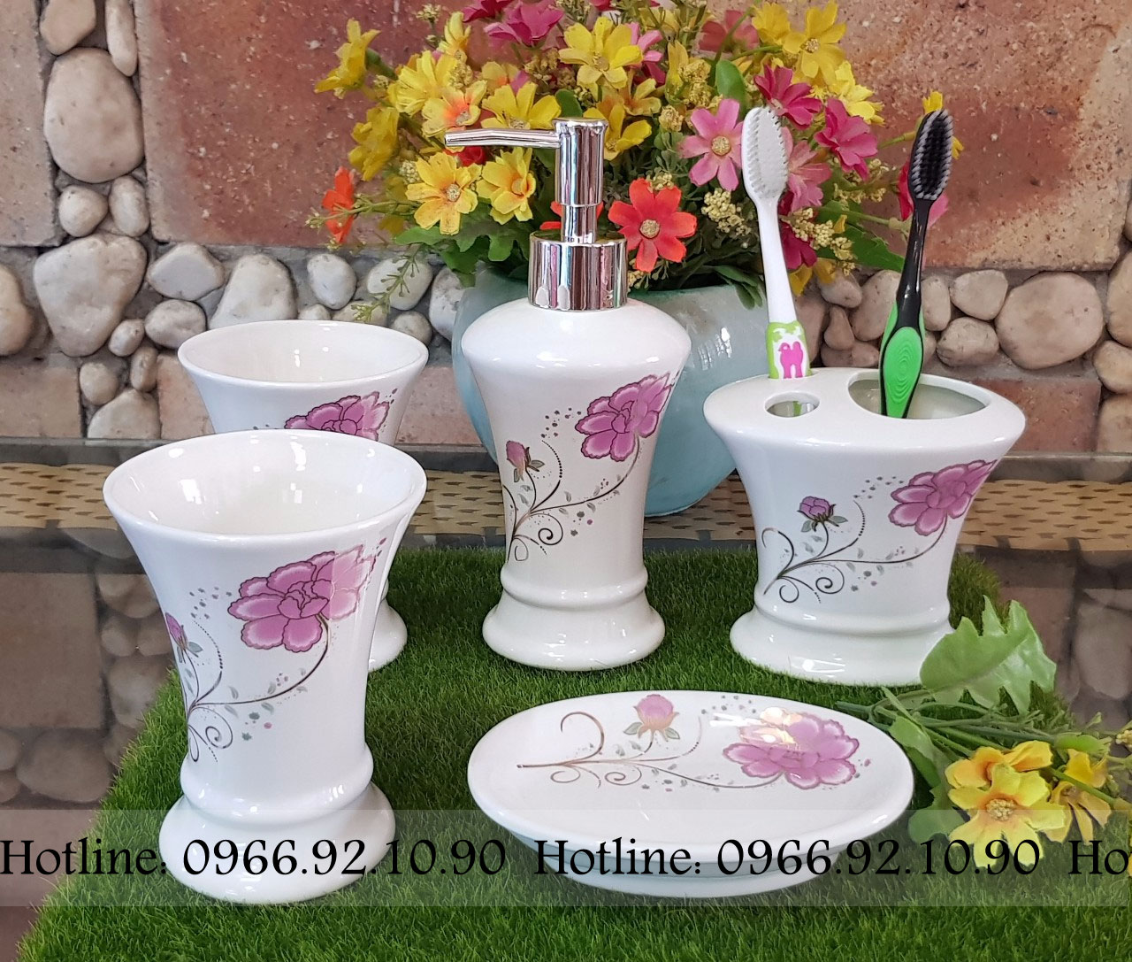 Bộ phụ kiện nhà tắm gốm sứ 5 món đẹp bền họa tiết sang trọng