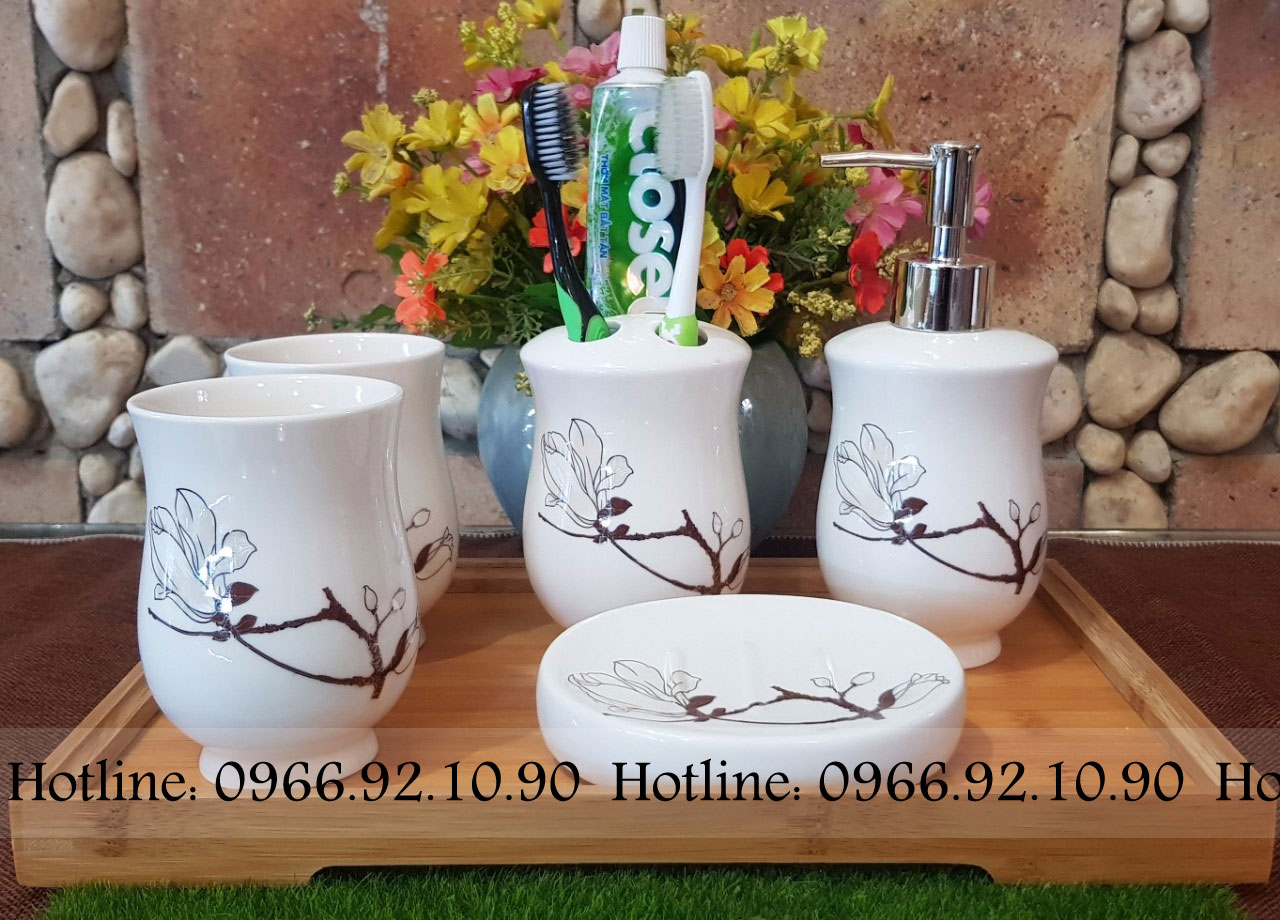 Bộ phụ kiện nhà tắm gốm sứ 5 món đẹp bền họa tiết sang trọng