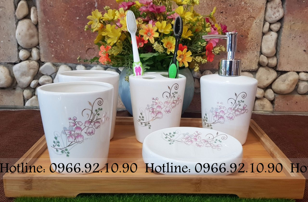Bộ phụ kiện nhà tắm gốm sứ 5 món đẹp bền họa tiết sang trọng