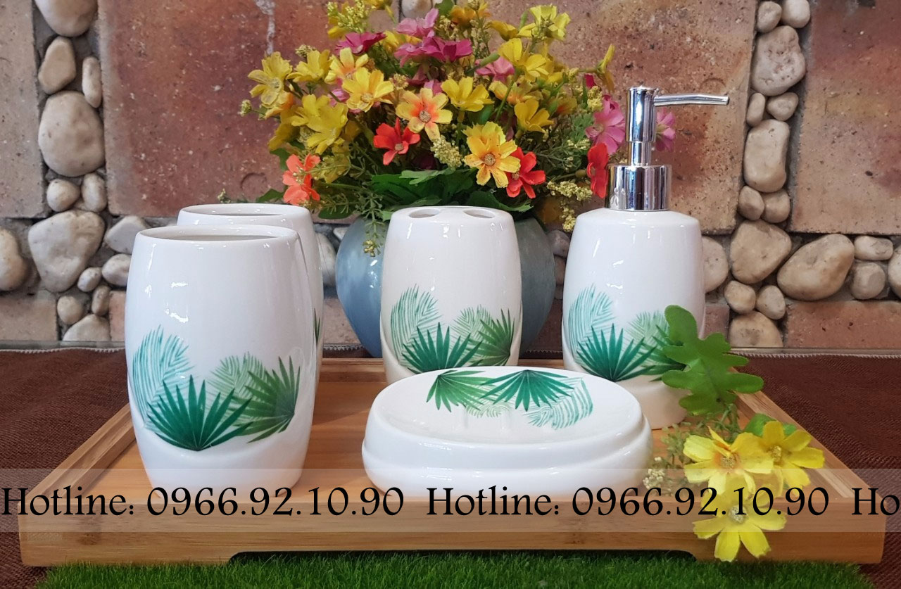 Bộ phụ kiện nhà tắm gốm sứ 5 món đẹp bền họa tiết sang trọng
