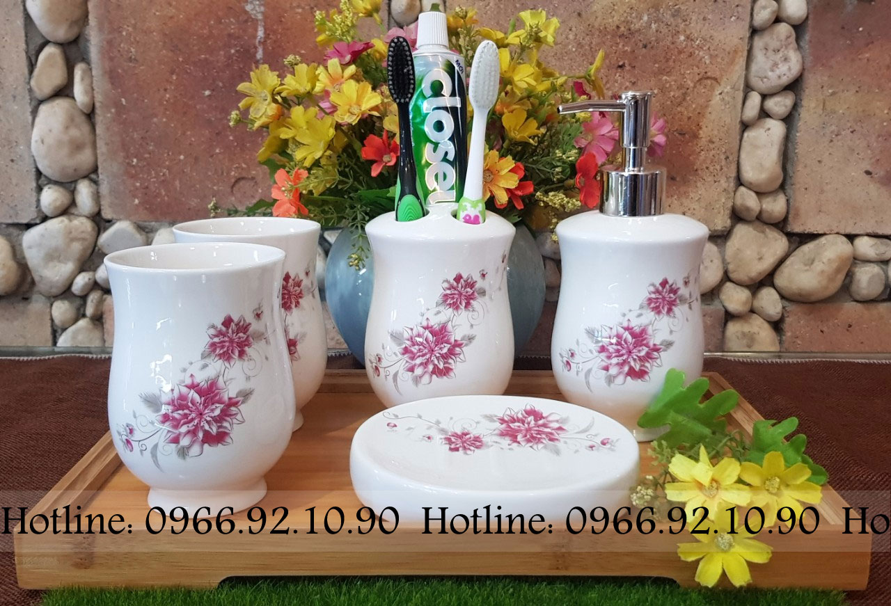 Bộ phụ kiện nhà tắm gốm sứ 5 món đẹp bền họa tiết sang trọng
