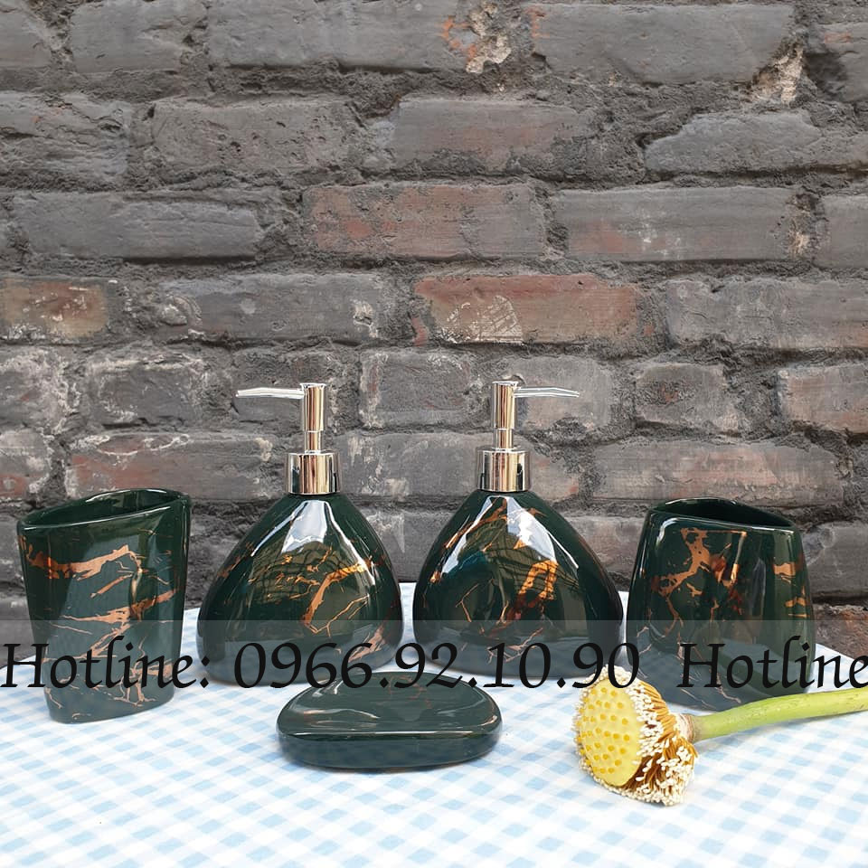 Bộ bình xịt nhà tắm xanh lục vân vàng kim sang trọng tiện lợi 5 món