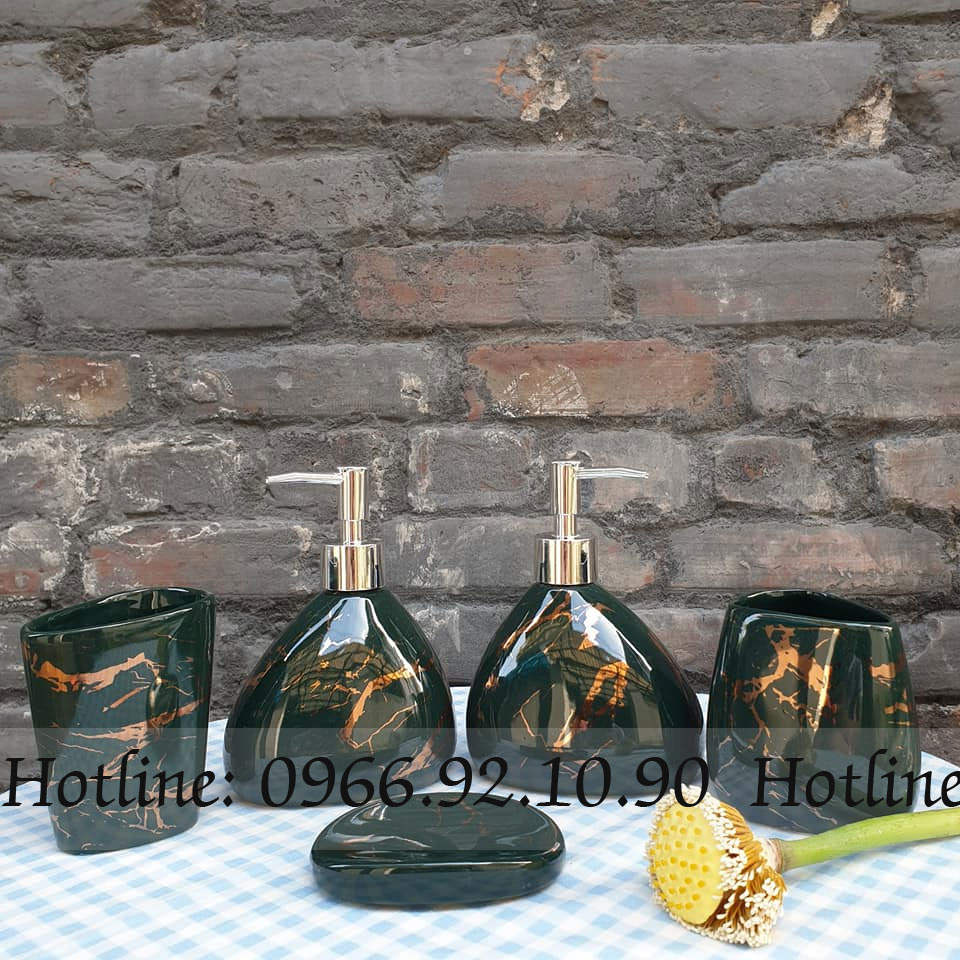Bộ bình xịt nhà tắm xanh lục vân vàng kim sang trọng tiện lợi 5 món