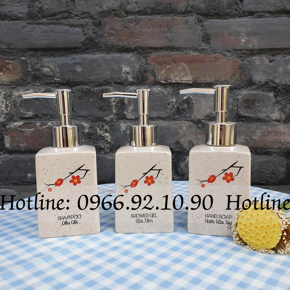 Bộ 3 bình xịt gốm trắng hoa đào cho nhà tắm sang trọng, in logo