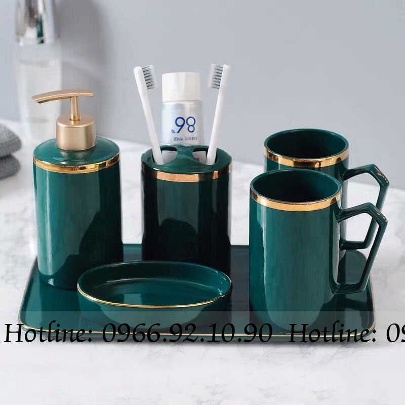 Bộ phụ kiện nhà tắm xanh cổ vịt viền vàng sang trọng 6 món cao cấp