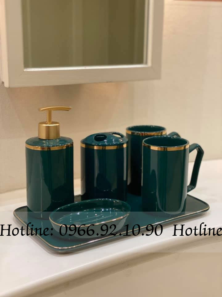 Bộ phụ kiện nhà tắm xanh cổ vịt viền vàng sang trọng 6 món cao cấp