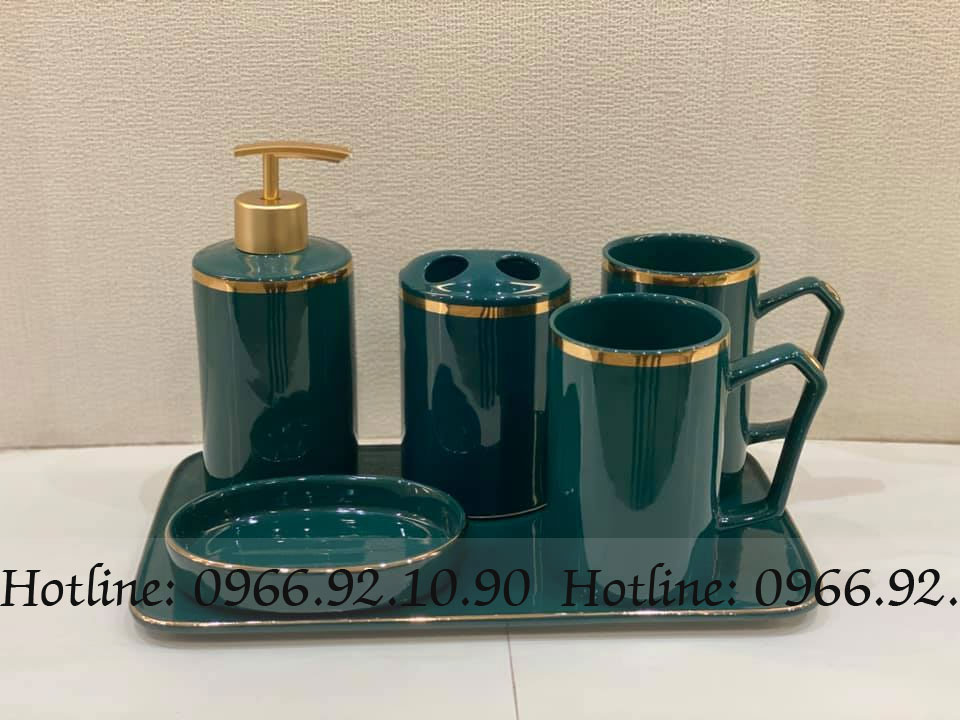 Bộ phụ kiện nhà tắm xanh cổ vịt viền vàng sang trọng 6 món cao cấp