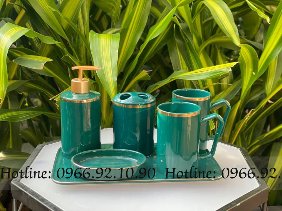 Bộ phụ kiện nhà tắm xanh cổ vịt viền vàng sang trọng 6 món cao cấp
