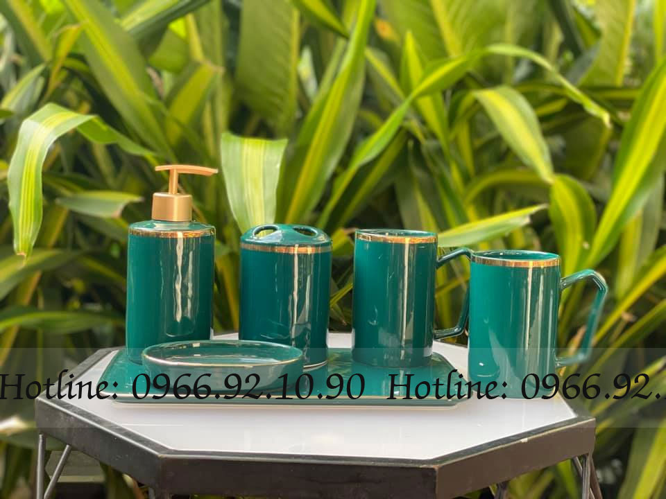 Bộ phụ kiện nhà tắm xanh cổ vịt viền vàng sang trọng 6 món cao cấp