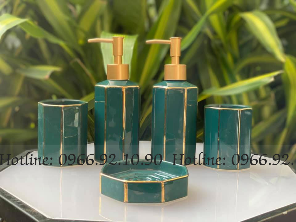 Bộ phụ kiện nhà tắm xanh cổ vịt viền vàng kim sang trọng 5 món cao cấp