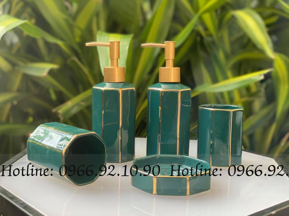 Bộ phụ kiện nhà tắm xanh cổ vịt viền vàng kim sang trọng 5 món cao cấp