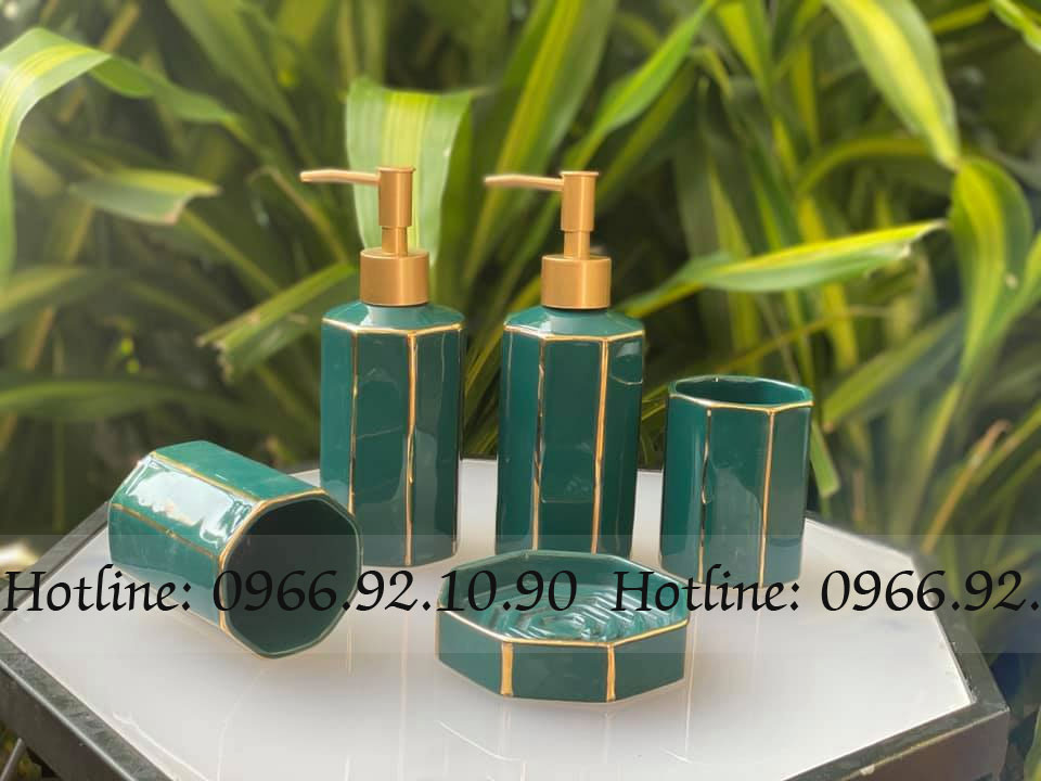 Bộ phụ kiện nhà tắm xanh cổ vịt viền vàng kim sang trọng 5 món cao cấp