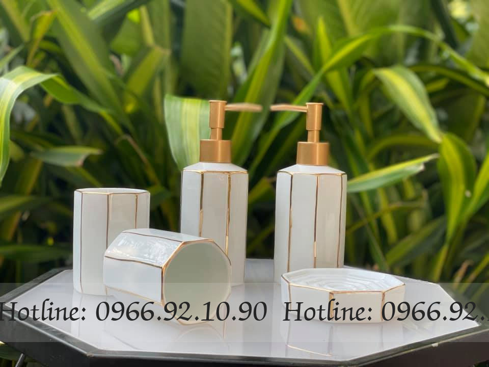 Bộ phụ kiện nhà tắm 5 món trắng viền vàng kim sang trọng tiện ích 