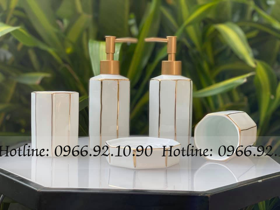 Bộ phụ kiện nhà tắm 5 món trắng viền vàng kim sang trọng tiện ích