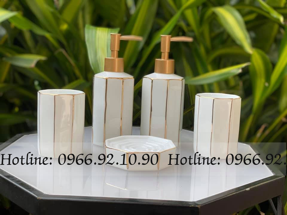 Bộ phụ kiện nhà tắm 5 món trắng viền vàng kim sang trọng tiện ích