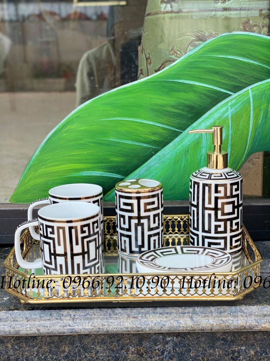 Bộ dụng cụ nhà tắm Fendi gốm sứ chính hãng kèm khay tiện lợi