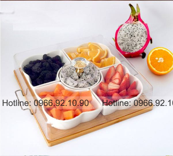 Khay mứt sứ trắng vuông cao cấp núm pha lê sang trọng 
