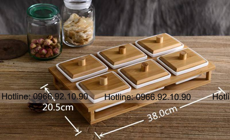 Khay mứt chữ nhật 6 ngăn sứ men trắng cao cấp tiện lợi Tết 