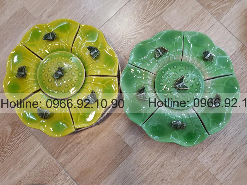 Khay mứt lá sen Bát Tràng men thủy tinh cao cấp Tết sum vầy 