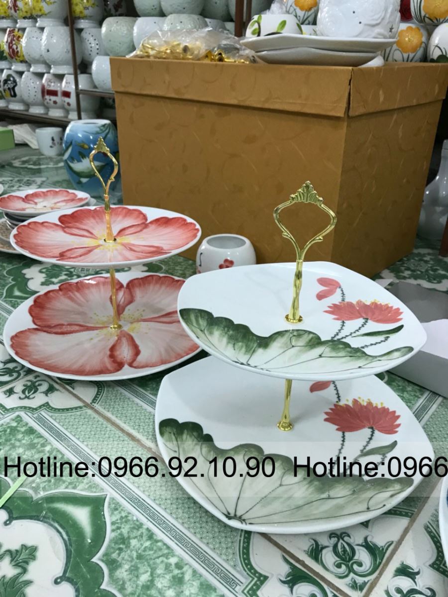 Khay mứt gốm sứ Bát Tràng 3 tầng sang trọng độc đáo