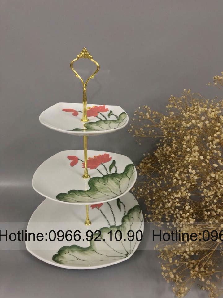 Khay mứt gốm sứ Bát Tràng 3 tầng sang trọng độc đáo