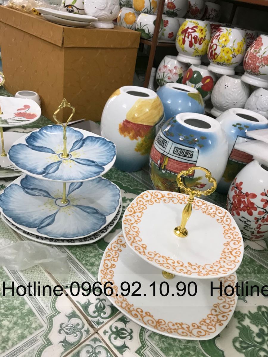 Khay mứt gốm sứ Bát Tràng 3 tầng sang trọng độc đáo