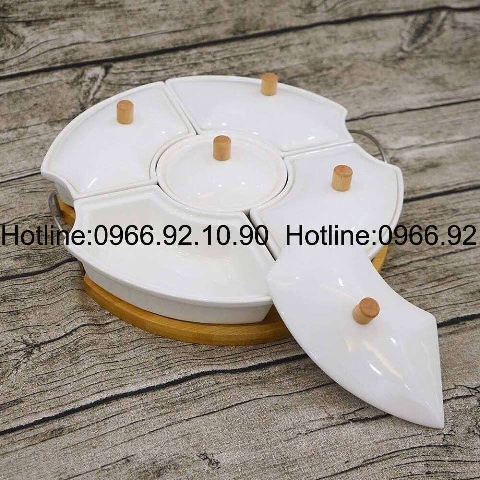 Khay mứt sứ trắng 5 ngăn núm tre tiện lợi BH01 chính hãng