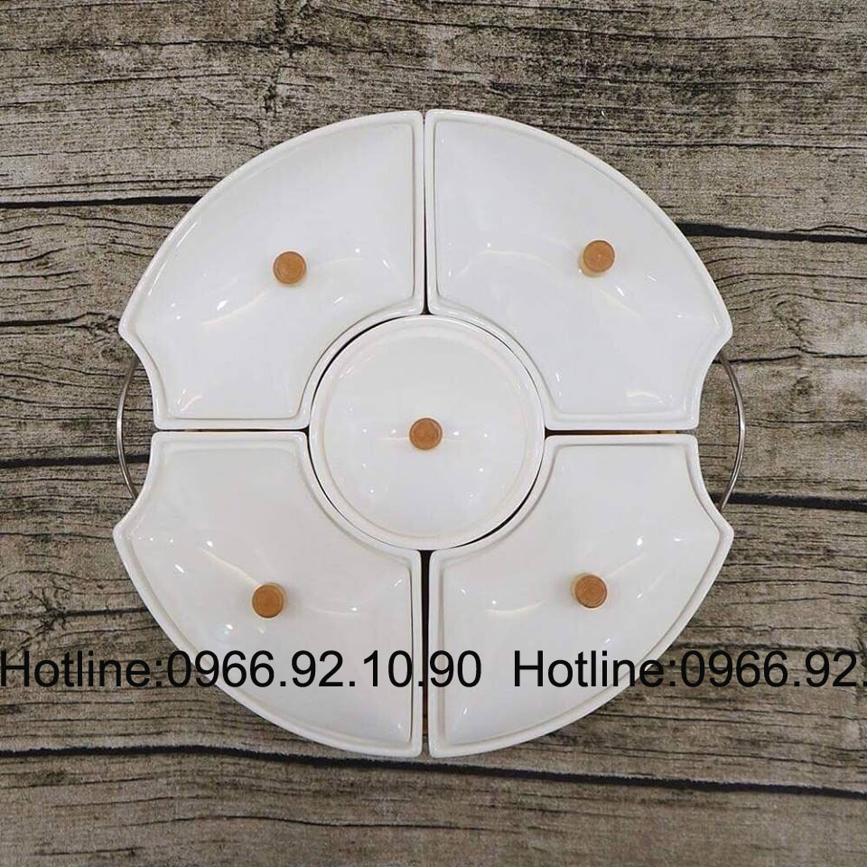Khay mứt sứ trắng 5 ngăn núm tre tiện lợi BH01 chính hãng 