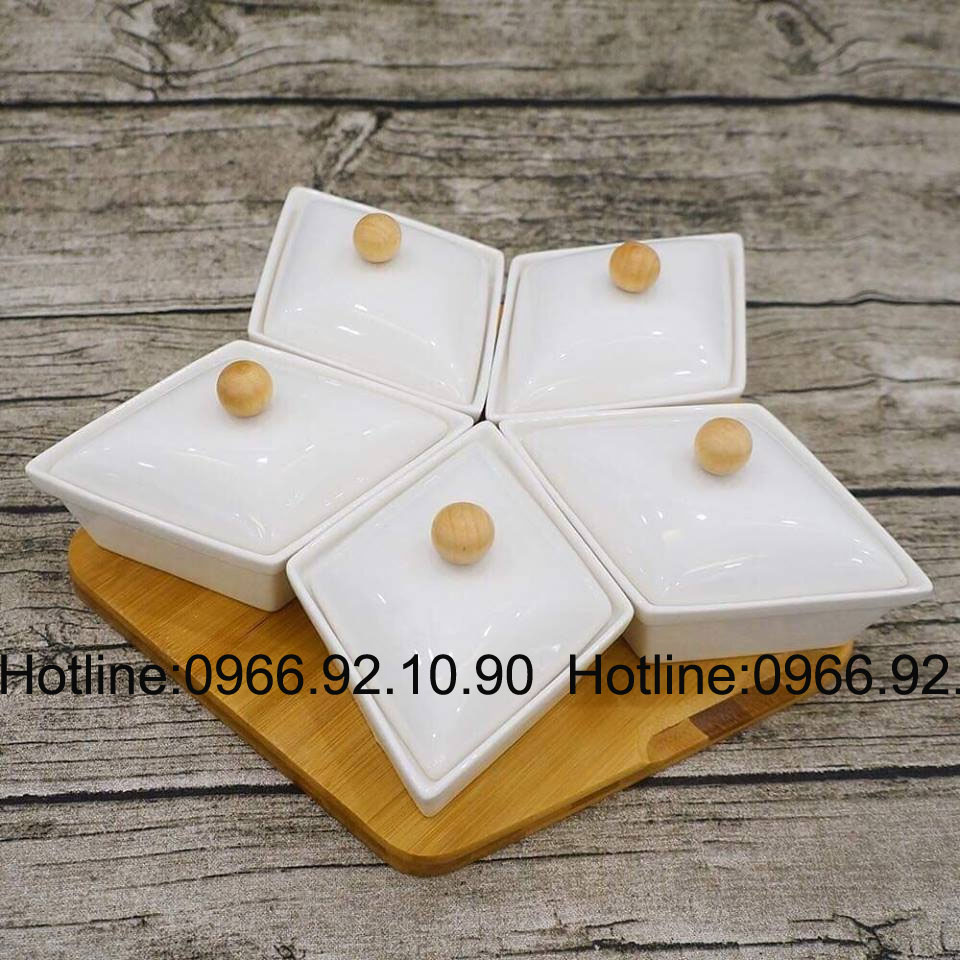 Khay mứt sứ trắng sao đế gỗ cao cấp Quà tặng sỉ lẻ giá tốt