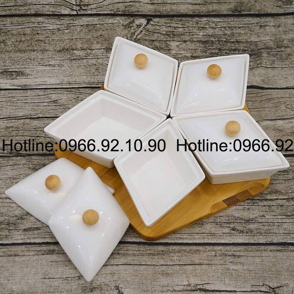 Khay mứt sứ trắng sao đế gỗ cao cấp Quà tặng sỉ lẻ giá tốt